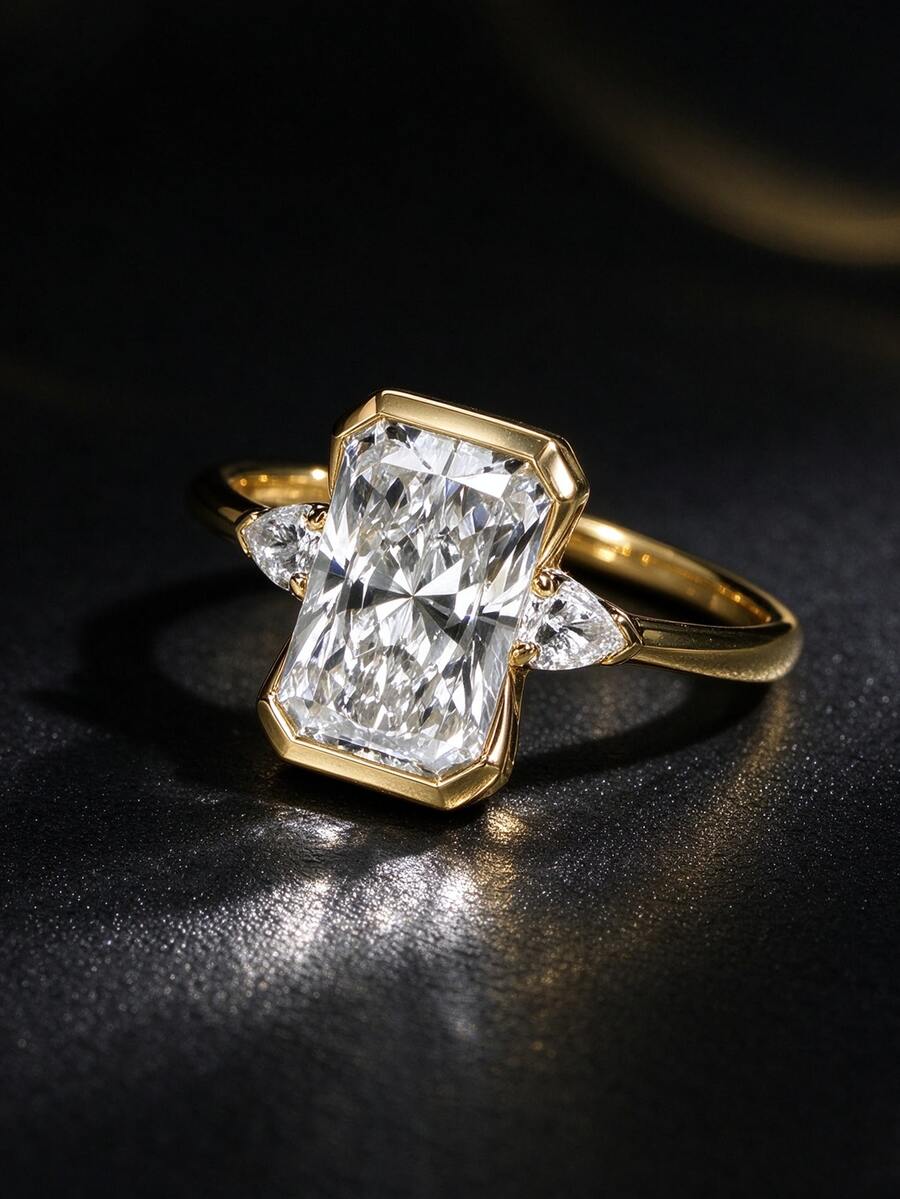 1pc 14K Gold Plated Luxury Rectangular Cut Zirconia Ring For Women, Gold-Rimmed Teardrop With Diamond Engagement Ring, Fashion Jewelry For Party And Wedding - Gold - View 1