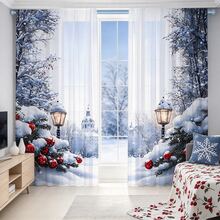 2PCS Christmas Pine Tree Red Ornament Lamp House Print AB Sheer Curtains, Window Drapes, Rod Pocket Polyester, Home Decor - Multicolor - View 7