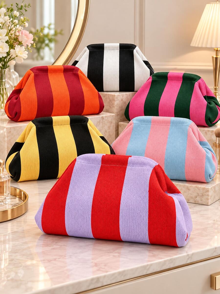 Vertical Striped Makeup Bag Large Capacity Storage Bag Casual Style Handbag Color Block Striped Travel Toiletry Bag Multi-Functional Portable - Multicolor - View 1