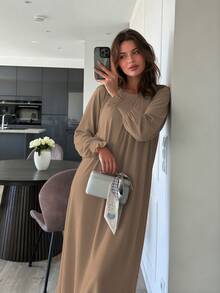 1pc Simple Breathable Skin-Friendly Fabric Back Zipper Elastic Sleeve Design Women's Dress Abaya For Daily Wear - Multicolor - View 27