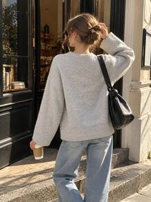 Women's Cozy Knitted Rabbit Graphic Long Sleeve Drop Shoulder Round Neck Sweater, Perfect For Fall And Winter Style - Grey - View 2