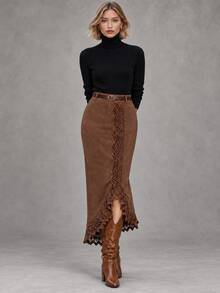 Women's Brown High Waist Lace Patchwork Midi Skirt, Asymmetrical Wavy Hem, Elastic Back Waist, Vintage Commute & Date Style For Autumn - Brown - View 5