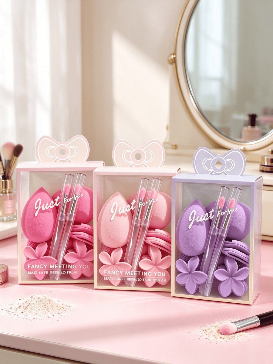 7 Buah Spons Makeup, Dilengkapi Kuas Makeup, Puff Makeup Berbentuk Bunga, Spons Blending Foundation untuk Penggunaan Basah & Kering, Spons Kosmetik Lembut dan Kenyal untuk Foundation, Concealer, Alat Makeup untuk Wanita - MultiWarna - View 1
