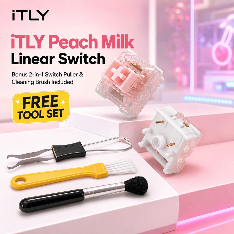 Milk Peach Switch 50 100Pcs Linear 5 Pin Pre-Lubed 42gf Light Actuation Force With Free 2 In 1 Puller Free Black Brush And Yellow Brush For Office Gaming Custom Keyboard Build Kit