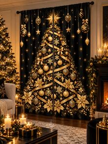 2pcs Black & Gold Christmas Tree Window Curtains, Snowflake & Ornament Print Drapes, Elegant Holiday Living Room Bedroom Decor, Xmas Window Decoration Set - E - View 9