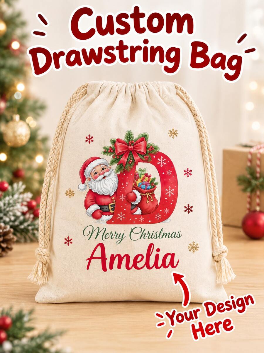 Customizable Santa Claus Initial Christmas Gift Bag, Personalized Name Drawstring Bag, Multi-Size Christmas Canvas Storage Bag, Holiday Gift Storage Bag, Christmas Tree Decoration, Home Gift Accessory - Multicolor 2 - View 1
