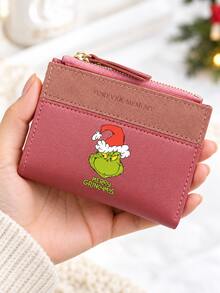 Christmas PU Leather Bifold Short Wallet, Colorblock Zipper Coin Purse, Multi-Card Slot Card Holder, Merry Grinchmas Character Print Small Wallet, Daily Portable Holiday Accessory, Fan Christmas Gift - Multicolor - View 3