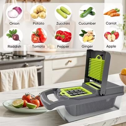14-In-1 Manual Vegetable And Fruit Slicer With Container, Multi-Function Vegetable Processing Tool With Interchangeable Blades, Drain Basket And Storage Box. Ergonomic Design, Suitable For Onion, Carrot, Cucumber - Ideal For Home Kitchen And Holiday Parties, Cucumber, Cucumber, Cheese Grater, Green Cucumber, Kitchen Chopper, Mandoline Green, Mandoline Green, Kitchen Gadget