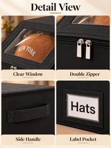 Fashionable Fabric Hat Storage Box, Transparent Window Lid, Double Zipper Closure, Side Handles, Label Slot, Large Capacity Foldable Hat Organizer, Suitable For Baseball Caps, Knit Hats, Scarves, Closet, Bedroom, Wardrobe, Dorm, Autumn/Winter Home Storage - Multicolor - View 8