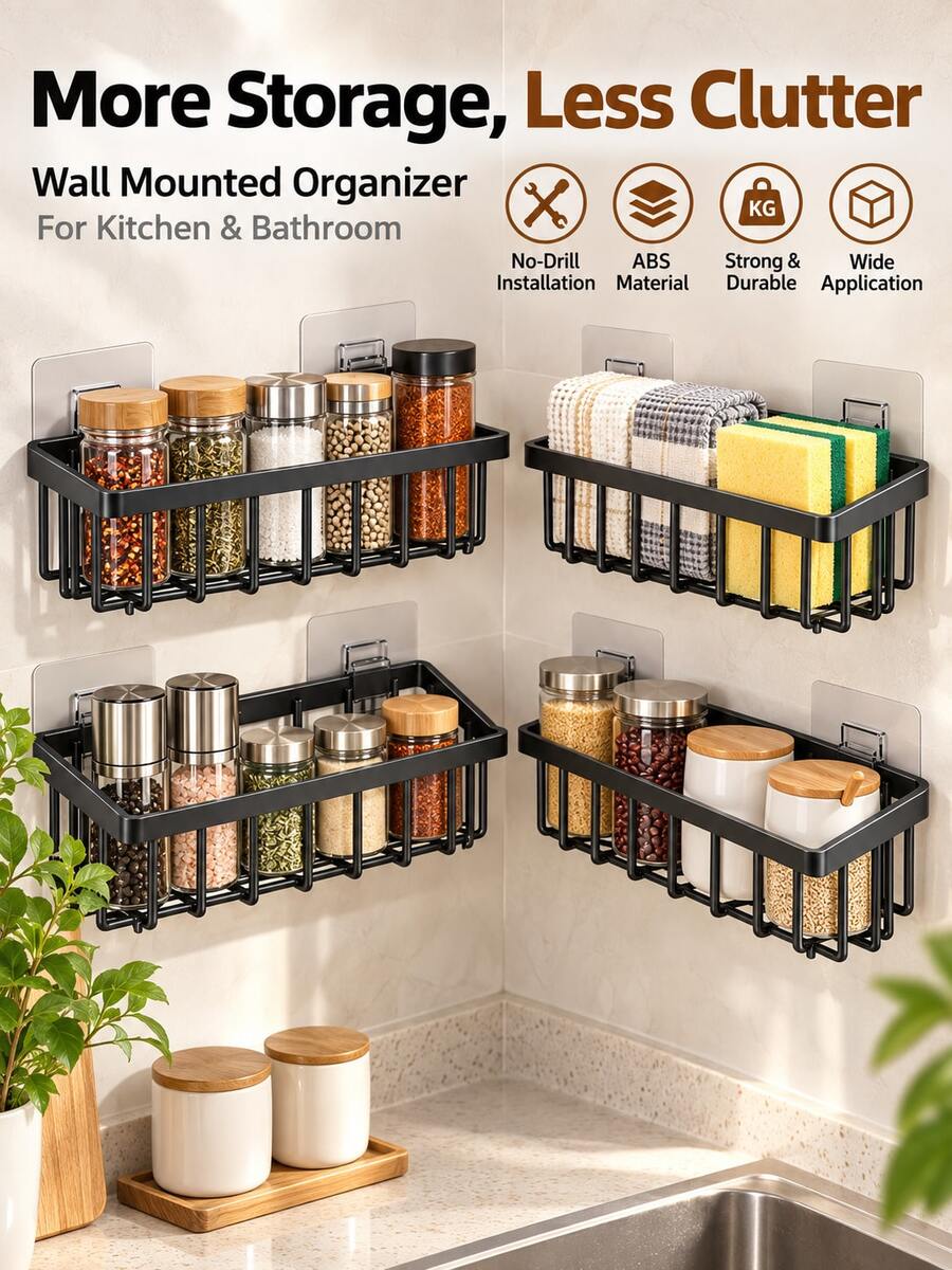 Bathroom & Kitchen Wall-Mounted Storage Basket, No-Drill Hanging Organizer, Toiletries Storage Bin, Kitchen Ginger & Garlic Seasoning Rack, Draining & Moisture-Proof Design, Suitable For Bathroom, Kitchen, Washroom, Dorm - Multicolor - View 1