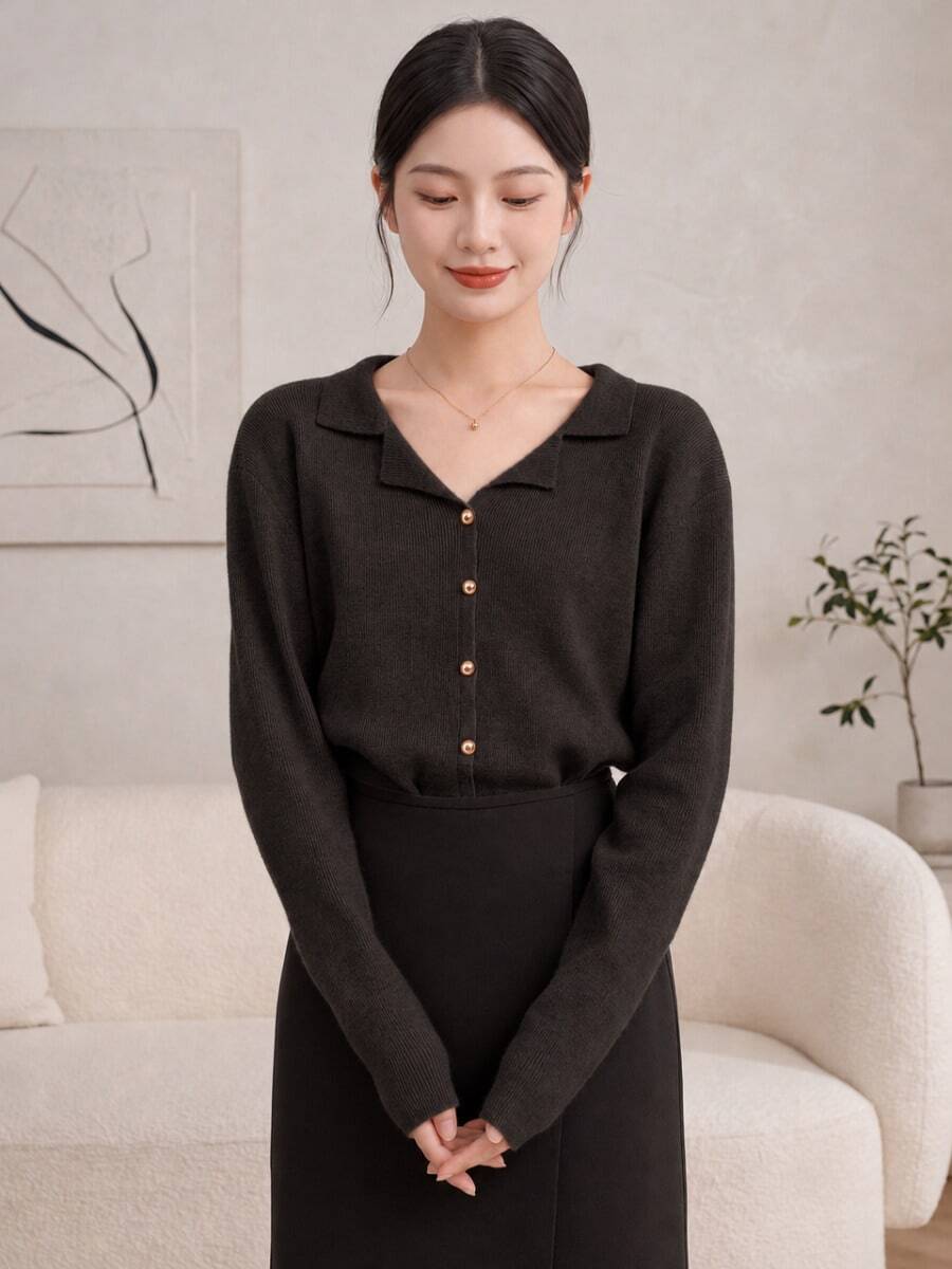 Alicedudu 女款秋冬極簡法式風領口假鈕扣套頭衫 - 咖啡棕 - 查看 1