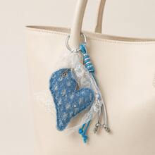 1PC/2PCS/3PCS Vintage Distressed Denim Heart Pendant With White Lace Bow Woven Rope Keychain, Fresh Girly Style Bag Charm, Handbag Decorative Accessory - Baby Blue - View 5