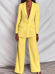 Conjunto de 2 piezas de blazer y pantalones de manga larga de unicolor para mujer, primavera amarillo otoño - Amarillo - Ver 2