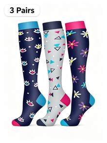 3 Pairs Women's Fun Pattern Compression Socks, Knee-High Design, Decorated With Triangle Flower Support Pattern - Multicolor - View 9