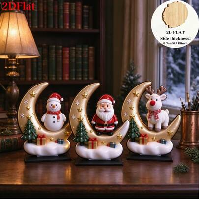 2D Flat 3pcs Moon Christmas Decor Set, Santa Claus Snowman White Reindeer Desktop Decoration, American Vintage Christmas Home Table Fireplace Kitchen Dining Room Wooden Ornament, Suitable For Living Room Fireplace, Dining Table, Sideboard, Entryway Desk, Perfect Christmas Gift