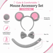 Mouse Costume Accessories For Adults - Grey Mouse Ears Headband Set, Plush Bow Tie And Bendable Tail, Cute Animal Cosplay Kit For Halloween Carnival - Beige - View 6