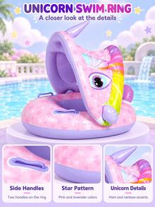 Kids Inflatable Swim Ring With Canopy & Handles, Unicorn, Dinosaur Or Robot Design, Colorful Pool Float For Boys And Girls - Purple - View 5