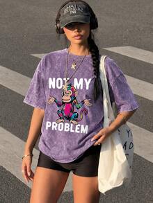 100% Cotton Summer Women's Not MY PROBLE Graffiti Monkey Print Streetwear Y2K Style Black Short Sleeve Plus Size Washed T-Shirt Top - Mauve Purple - View 1