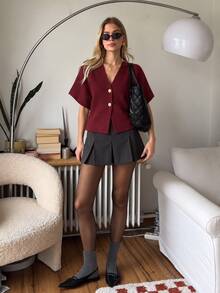 Cardigan de punto minimalista de unicolor con cuello en V y manga corta, elegante para otoño - Burdeos - Ver 3