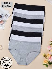 9Pcs Plus Size Women High Waist Cotton Ribbed Panties,Casual Comfortable Minimalist Triangle Briefs, Full Coverage Underwear - Multicolor - View 1