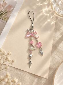 1pc Iridescent Pink Bow Phone Charm, Star & Angel Wing Metal Dangle, Faux Pearl Beaded Phone Lanyard For Girls - Multicolor - View 6