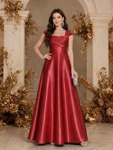 Vestido de noche elegante de unicolor, cuello cuadrado, corte evasé, largo hasta el suelo, para fiesta, boda, primavera - Burdeos - Ver 1