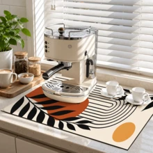 1pc Modern Abstract Plant Pattern Dish Drying Mat, Rectangular Kitchen Absorbent Mat, Featuring Beige, Black, Caramel Orange And Mustard Yellow Color Palette With Fluid Stripes, Geometric Color Blocks And Black Branch Elements, Minimalist Modern Style, Suitable For Kitchen Countertop, Sink Area And Dining Table, Combining Practicality And Decorative Appeal - Multicolor - View 3