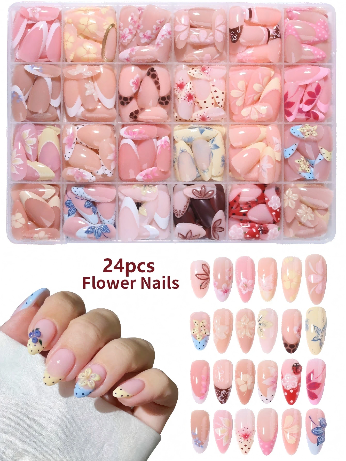 24pcs (1 Assorted Color) Long Almond Shape Press-On Nails, 3D Gel ...