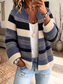 Women's Fashion Loose Casual Comfortable Retro Striped Contrast Color Cardigan - Multicolor - View 1