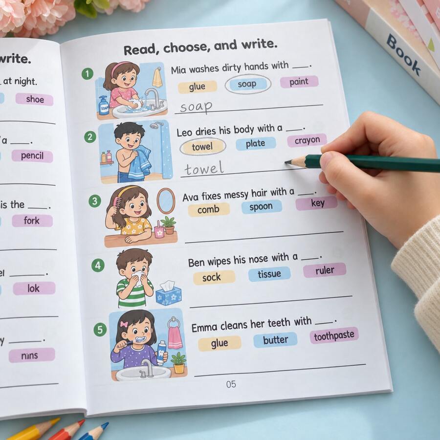 Children's English Vocabulary Reading & Writing Activity Book, Read Sentences From Pictures, Circle Answers & Write Words, Multi-Theme Colorful Illustrations, Suitable For Basic Reading Practice & Parent-Child Learning - Multicolor - View 1