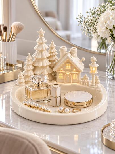 1pc Holiday Cottage Decorative Tray, Glossy Ivory Winter Village Design With Christmas Tree And House, Storage Tray For Necklaces, Earrings, Lip Balm And Fragrance, Suitable For Vanity, Bedside Table Or Entryway, Holiday Decor, Jewelry Storage, Creative Gift Tray