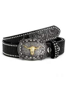 1pc Bohemian Style Western Cowboy Men's Belt, Vintage Embossed PU Leather Belt With Fashionable Bull Head Metal Buckle, Double Row Rivet Decoration, Y2K Punk Style Belt, Suitable For Men And Women, Ideal For Casual Wear, Jeans, Dresses And Parties, Perfect Gift - Black - View 1