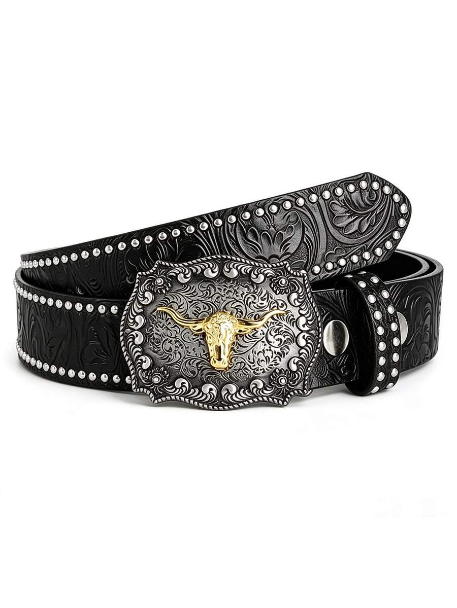 1pc Bohemian Style Western Cowboy Men's Belt, Vintage Embossed PU Leather Belt With Fashionable Bull Head Metal Buckle, Double Row Rivet Decoration, Y2K Punk Style Belt, Suitable For Men And Women, Ideal For Casual Wear, Jeans, Dresses And Parties, Perfect Gift - Black - View 1