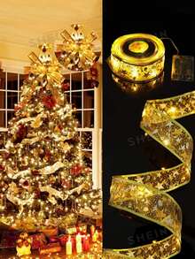 1pc Gold Ribbon Fairy Light String, 1m/3m/5m/10m, Christmas Decoration LED Lights Gold Ribbon, Warm White Copper Wire String Lights, Christmas Tree Satin Bow Light Strip, LED Light Strip Suitable For Christmas Tree, Wedding, Birthday, New Year Holiday Decoration, DIY Bow Indoor Fairy Light String - Yellow - View 14