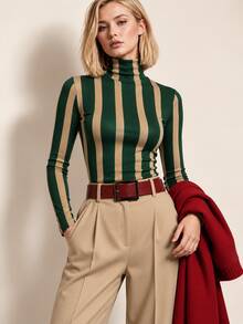 Women's New Fashion High Neck Striped Long Sleeve Knit Top, Slim Fit Regular Style, High Elasticity Fabric For Autumn - Green - View 4