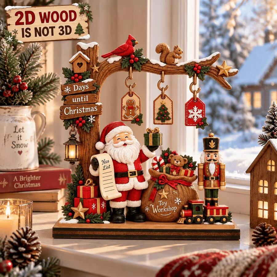 1pc 2D Wooden Flat Christmas Countdown Ornament, Holiday Desktop Decoration With Santa Claus, Nutcracker, Tree Branch Hanging Decor, Suitable For Fireplace Mantel, Shelf, Entryway Home Decor - A - View 1