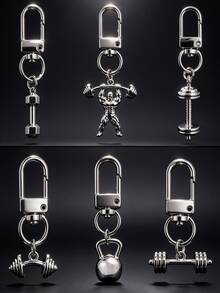 6pcs Gym Keychain Set, Alloy Weightlifting Men's Kettlebell Dumbbell Barbell Pendant Keyring, Sports Fitness Bag Charm, Fitness Enthusiast Gift - Multicolor - View 1