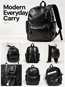 Korean Style Men's Backpack, Minimalist Casual PU Leather Backpack, Large Capacity Multifunctional Laptop Bag, Campus School Bag, Back To School Season (All Pull Tabs Random Left/Right Direction) - Black - View 2