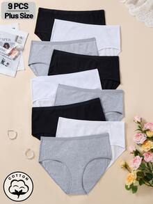 9Pcs Plus Size Women High Waist Cotton Ribbed Panties,Casual Comfortable Minimalist Triangle Briefs, Full Coverage Underwear - Multicolor - View 2