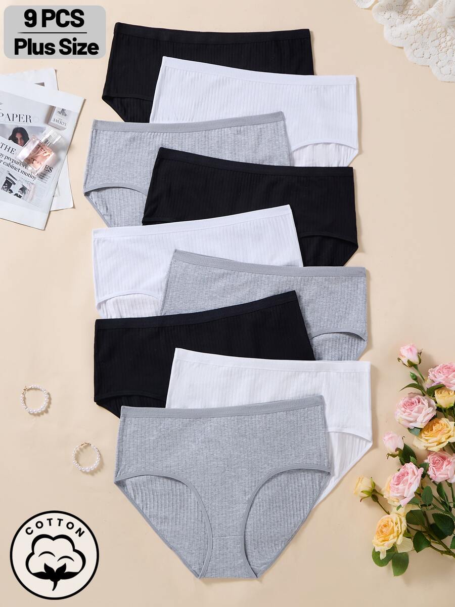 9Pcs Plus Size Women High Waist Cotton Ribbed Panties,Casual Comfortable Minimalist Triangle Briefs, Full Coverage Underwear - Multicolor - View 1