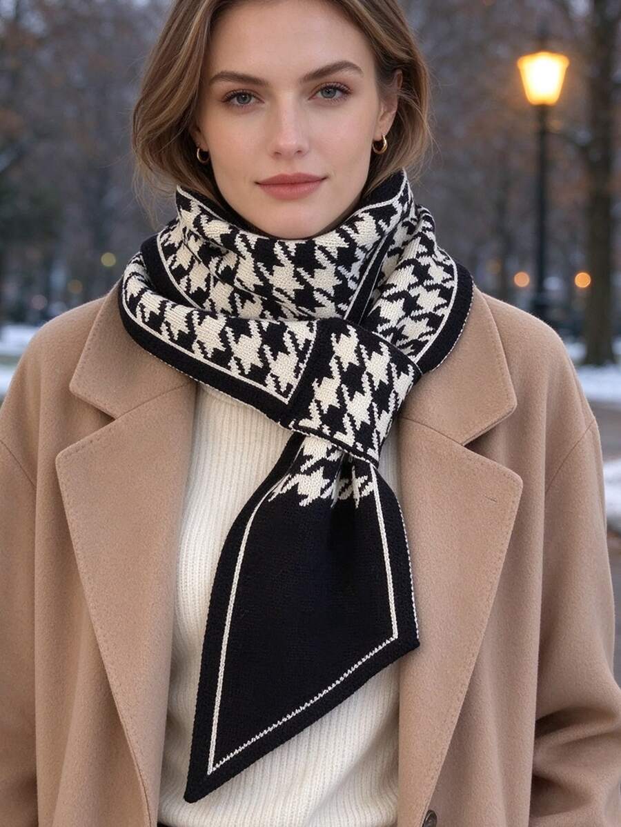 2/1pc Unisex Autumn/Winter Knitted Houndstooth Scarf, Warm Versatile Neck Warmer, Atmospheric Small Scarf, Gift For Parents, Friends, Couples, Couple Style, Halloween, Christmas Holiday Gift - Multicolor - View 1