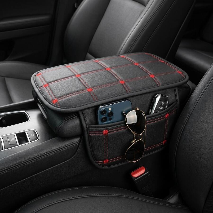 1pc PU Leather Car Armrest Pad, Central Multi-Function Armrest Pad, Classic Plaid Style, With Side Storage Pocket, Suitable For Most Car Models, Protects Center Console, Enhances Interior Aesthetics - Plaid Armrest Cover - View 1