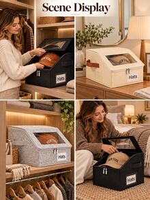 Fashionable Fabric Hat Storage Box, Transparent Window Lid, Double Zipper Closure, Side Handles, Label Slot, Large Capacity Foldable Hat Organizer, Suitable For Baseball Caps, Knit Hats, Scarves, Closet, Bedroom, Wardrobe, Dorm, Autumn/Winter Home Storage - Multicolor - View 9
