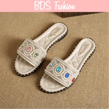Women's Pearl & Rhinestone Decorated Flat Square Toe Non-Slip Open Toe ...