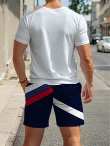 USA Soccer Themed 2pcs Men's Set, Striped Contrast Color Print Short Sleeve Shorts, Loose Breathable Sports Casual Daily Wear - Multicolor - View 3