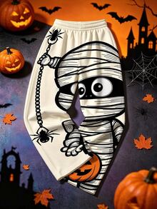 Pantalones Anchos Mujer Momia Dibujo Halloween,Halloween y Día de los Muertos.HOHOHO duendes de Navidad, muñecos de nieve y jengibre, pantalones largos de pierna ancha con estampado navideño - Colores mixtos - Ver 3