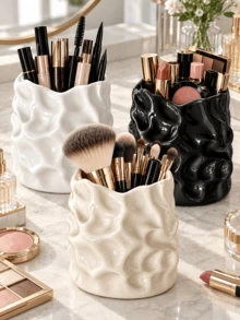 1pc Wavy Texture Cosmetic Storage Box, Glossy Sculptural Makeup Brush Holder, Suitable For Vanity, Dressing Table And Bedroom Decor - Multicolor - View 5