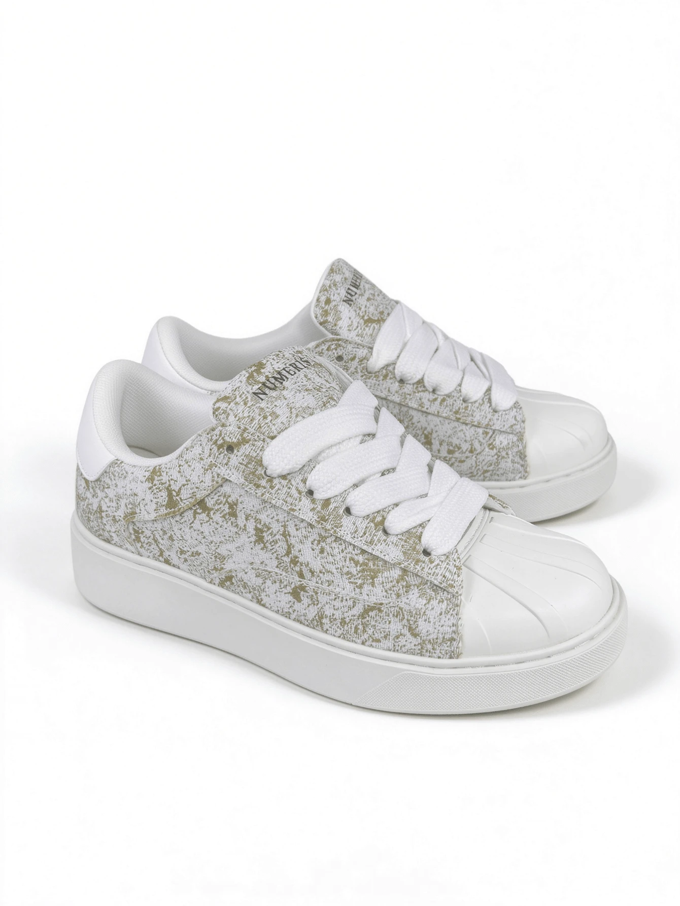 Numeris 2026 New White Gold Distressed Texture Shell Toe Skate Shoes, Wide Laces Platform Casual Sneakers For Men & Women Daily Commute Wear - White and green - View 1