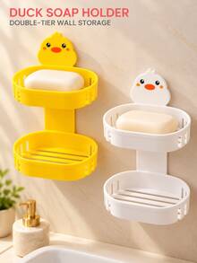Cute Yellow Duck Soap Holder Storage Rack - Wall-Mounted Double Layer Soap Dish With Hooks, No-Drill Installation (Free Adhesive Pads Included), Multi-Function Bathroom Towel Rack, Space-Saving Design, Suitable For Bathroom, Kitchen And Bedroom, Bathroom Decor Accessory - Multi-color B - View 1