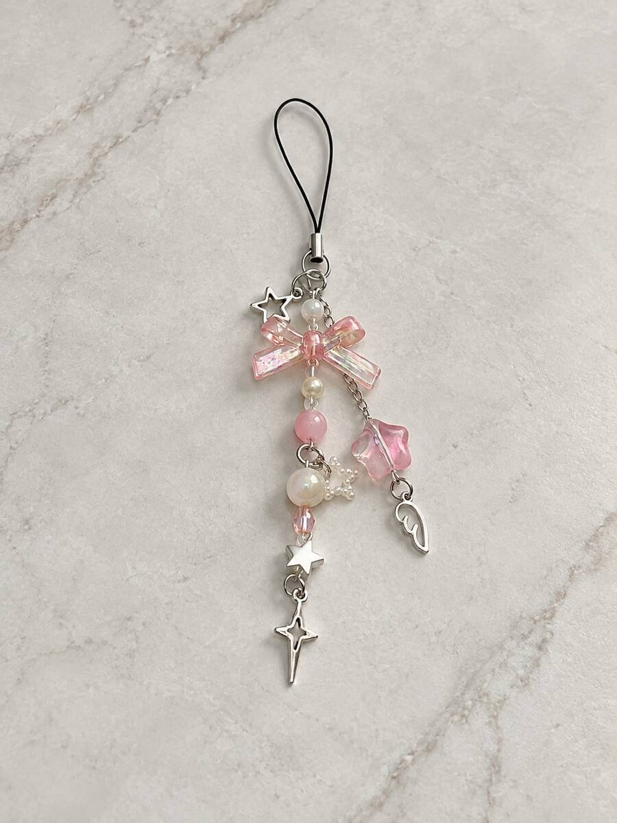 1pc Iridescent Pink Bow Phone Charm, Star & Angel Wing Metal Dangle, Faux Pearl Beaded Phone Lanyard For Girls